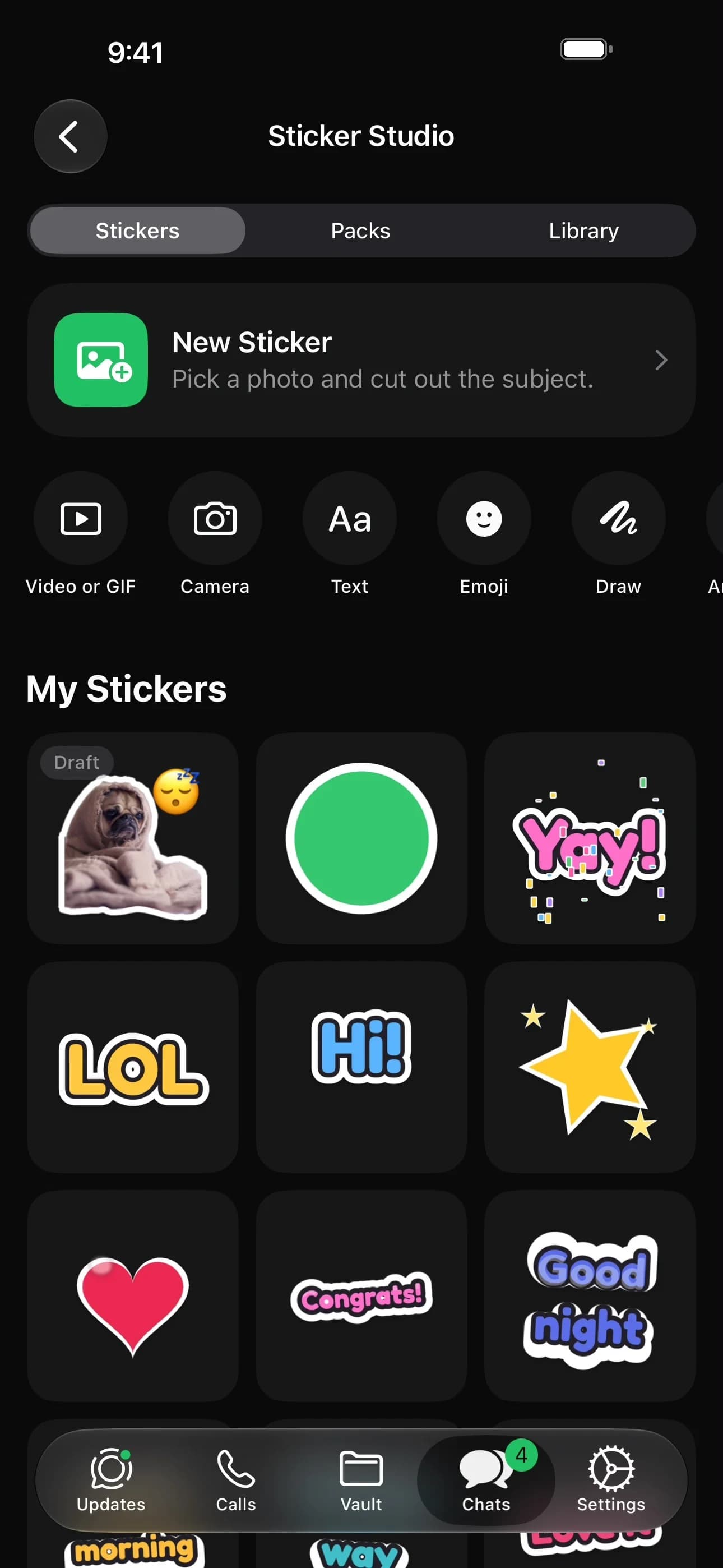 Sticker Studio home with saved stickers