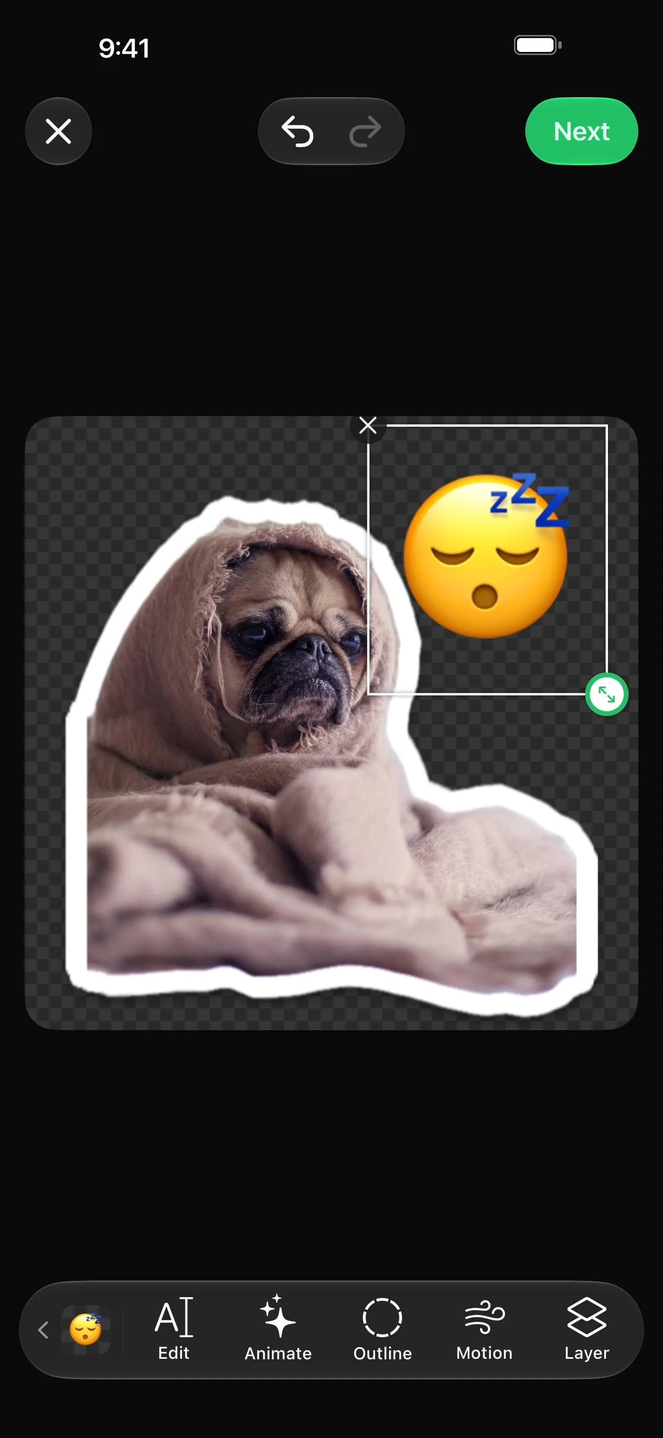 Sticker Studio editor with an emoji layer