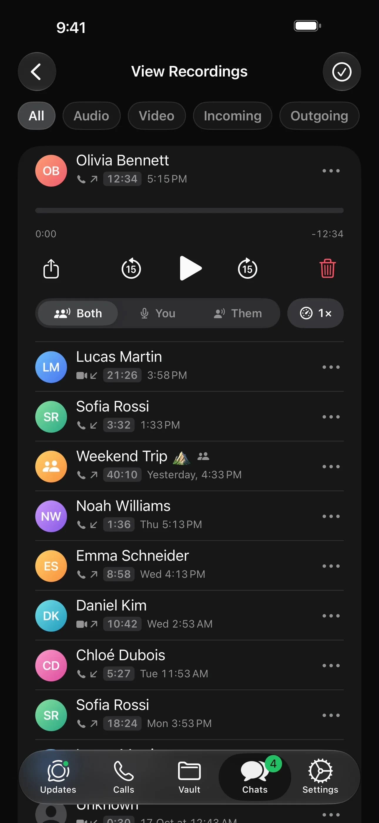 Call recordings list with the player open