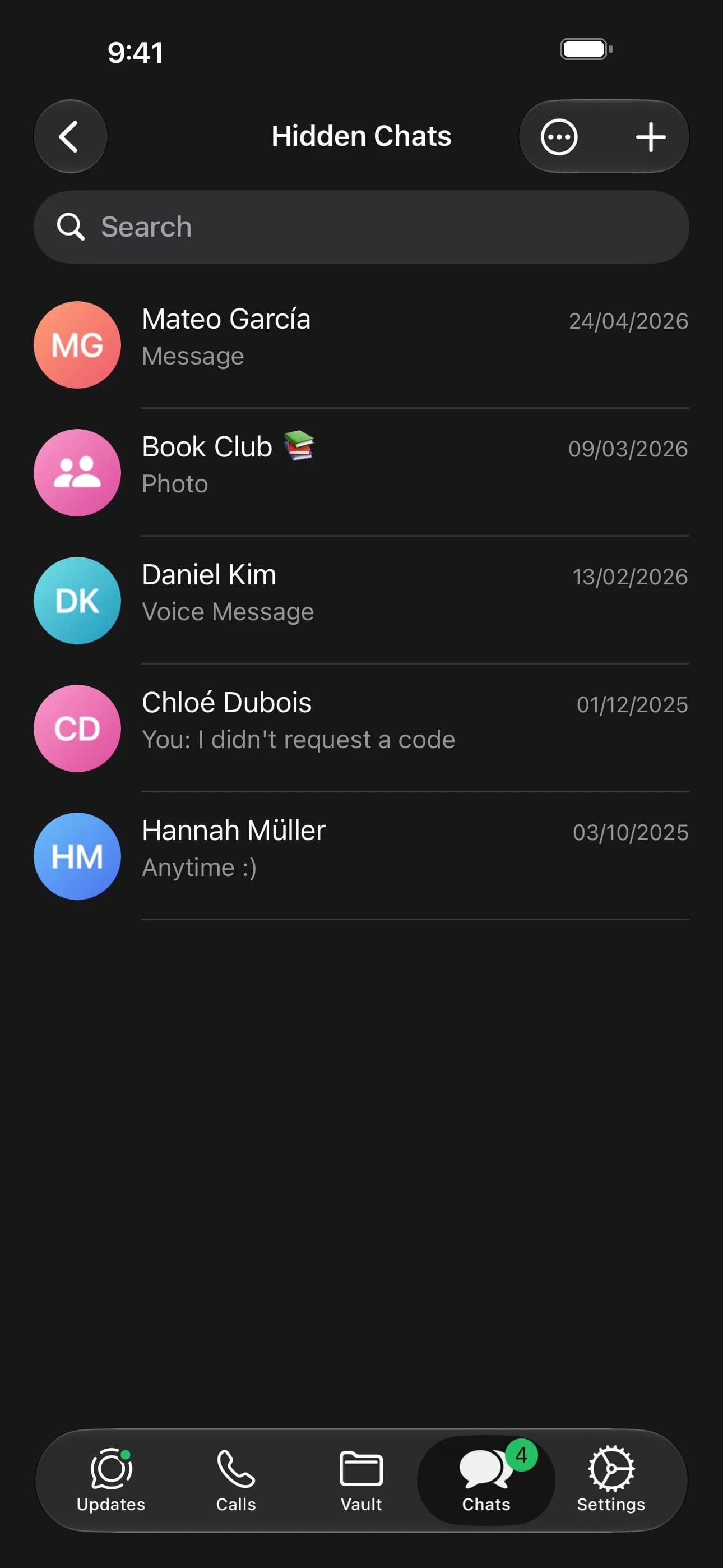 Hidden Chats screen
